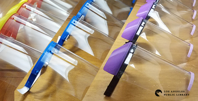 Face shields made by 3D printing machines in LAPL's Octavia Lab.