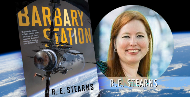 left side of graphic is the book cover of Barbary Station. right side of graphic is a photograph of the author