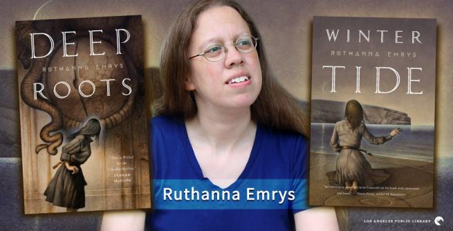 Author Ruthann Emrys with her book covers