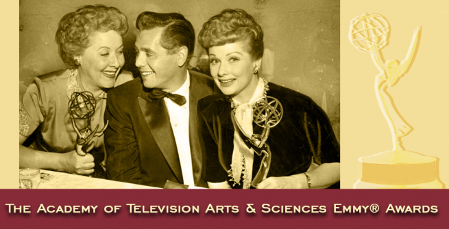 Pictured from left, are Vivian Vance, co-star, holding her Emmy for Best Supporting Actress, Desi Arnaz and Lucille Ball holding the Best Situation Comedy Emmy