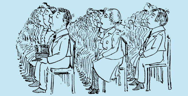 illustration by Basil T. Blackwood shows a seated audience looking attentive