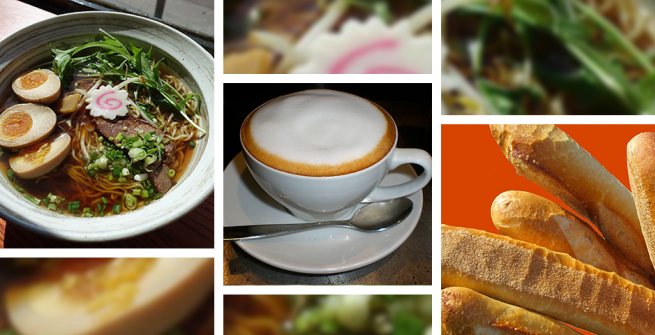 photo collage with ramen soup, cappuccino and baguette bread