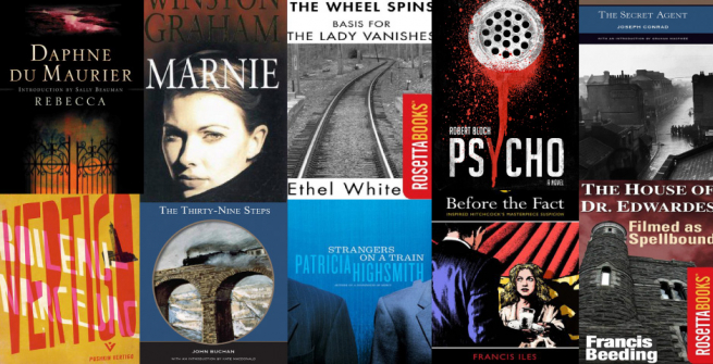 Collage of ten novels that influenced Alfred Hitchcock's best films