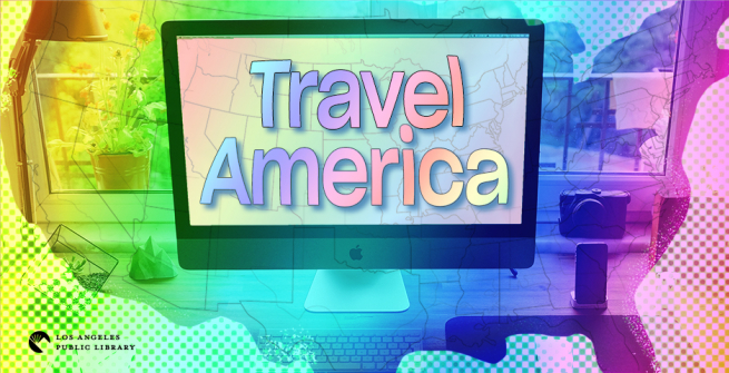 Photo illustration/composite of  US map and computer desk. Computer screen has title Travel America