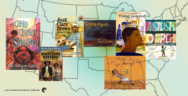 Collage of featured books on the map of United States