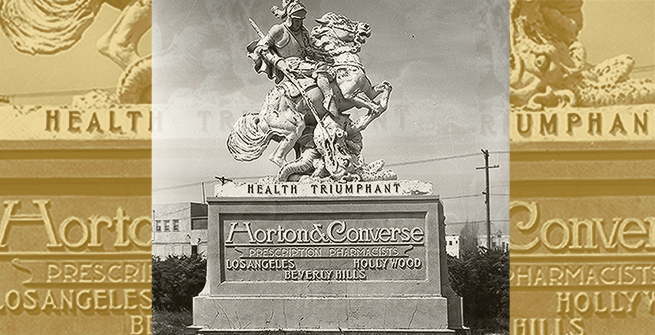 A roadside statue advertising Horton & Converse prescription pharmacists, Los Angeles, Hollywood, Beverly Hills, 1920s. Security Pacific National Bank Collection