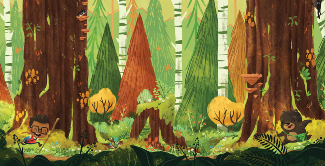 a boy and a bear in a painted wood