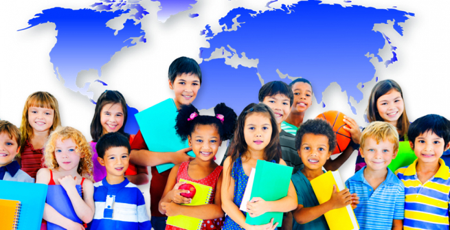 Group of kids with their books standing by a background of the world map