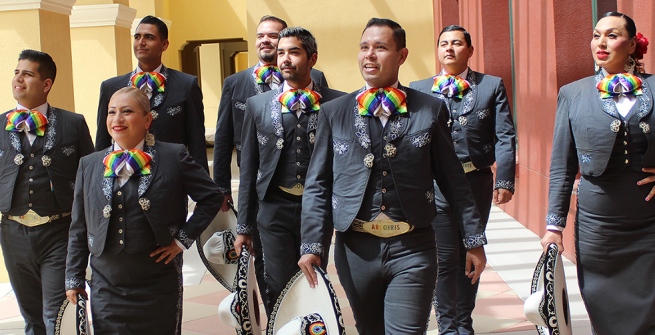 mariachi musicians with rainbow bowties