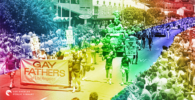 Colorized photo of gay fathers march down Santa Monica Boulevard during the 17th annual Gay Pride Parade