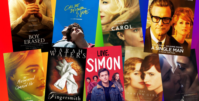 Collage of films adapted from books on LGBTQIA themes