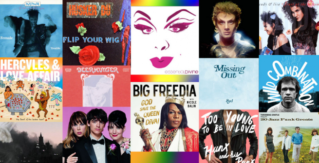 Collage of albums by LGBTQIA artists