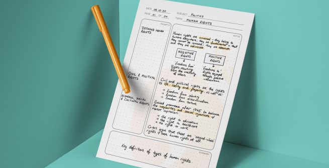 notes and a pencil in a teal colored box