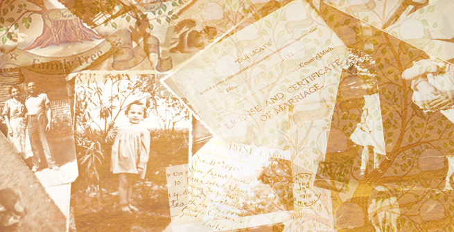 photo composite of old family photos, postcards and documents