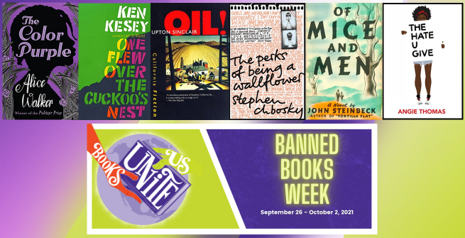 6 banned books and banned books week logo