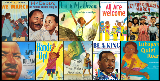 Collage of picture books celebrating the inspiration of Martin Luther King, Jr.