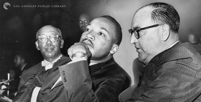 Martin Luther King and Governor Edmund G. Brown during a Freedom Rally at the Los Angeles Sports Arena.