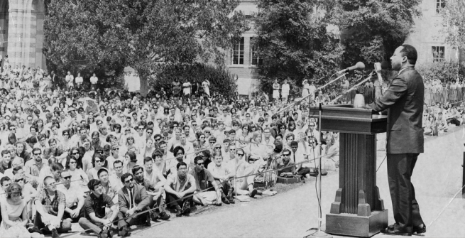 King speaks to a crowd of 4,500 on the campus of the University of California, Los Angeles on April 27, 1965