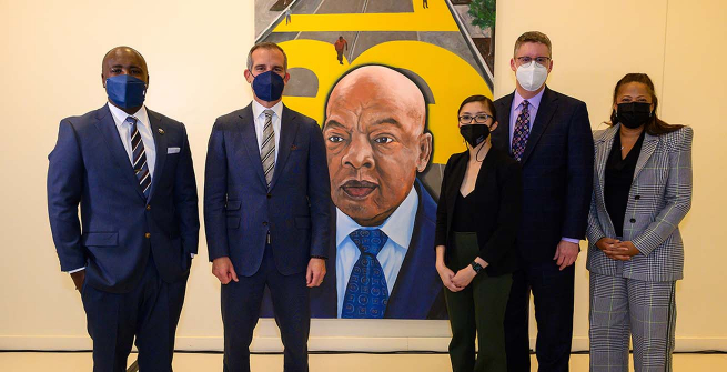 Pictured: Marqueece Harris-Dawson, Mayor Eric Garcetti, Bich Ngoc Cao,City Librarian John Szabo, Meg DeLoatch