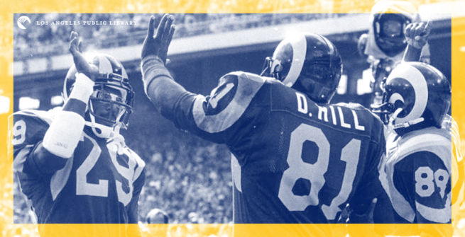 Left to right: Ram's player Eric Dickerson (#29), and David Hill (#81) give each other a "high-five" at the end of a winning game.