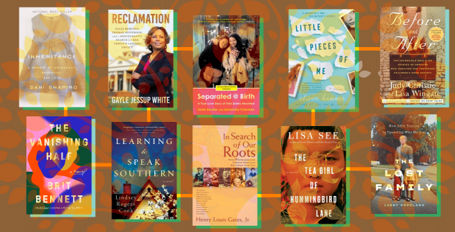 Collage of books about unknown genealogy, family tree and adoption