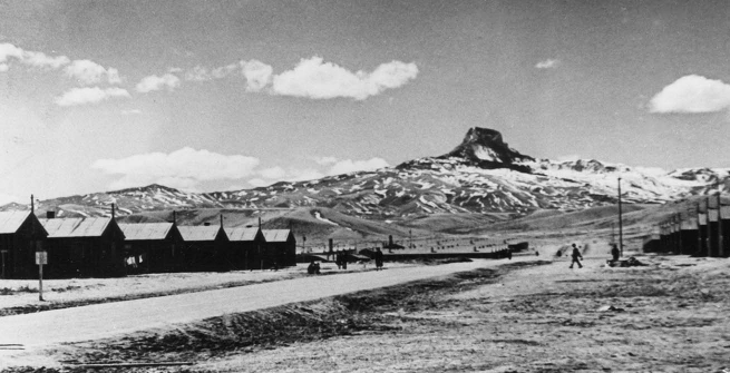 Panoramic view of Heart Mountain Relocation Center, the WWII Japanese American internment camp in Wyoming, [ca 1943]. Shades of L.A.: Japanese American Community
