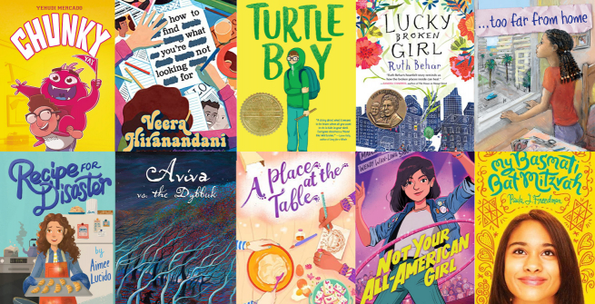 Collage of realistic middle-grade Jewish fiction books