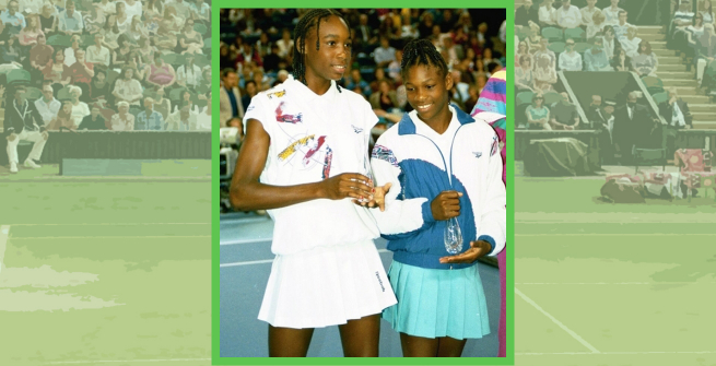 Serena and Venus Williams in 1993 with a tennis court behind them