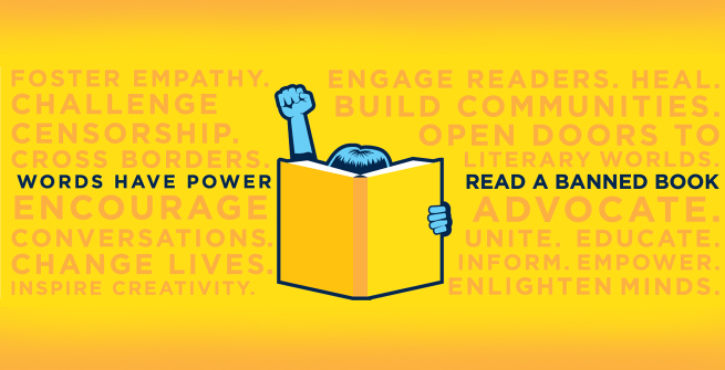 yellow banner with a blue fist in the air behind an open book