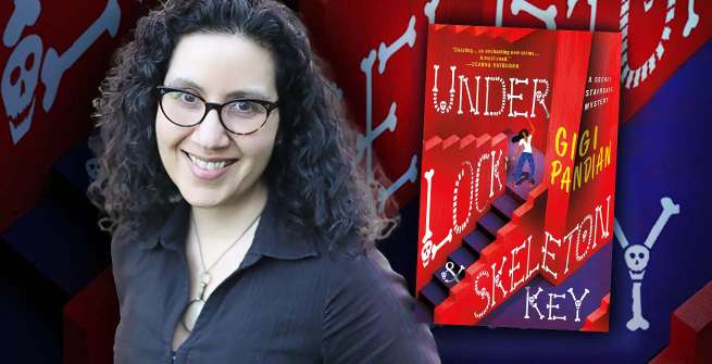 Author Gigi Pandian and her latest book, Under Lock & Skeleton Key