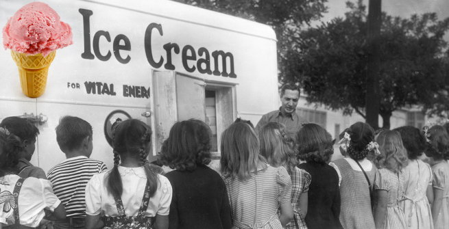 Children listening to a man at an Arden Ice Cream truck.