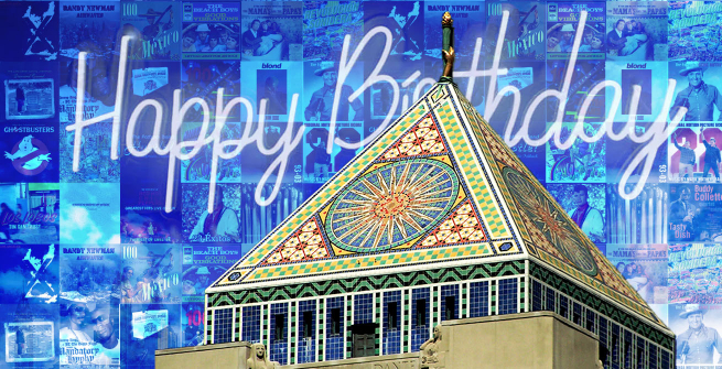 Albums covers collage with words Happy Birthday behind Central Library building