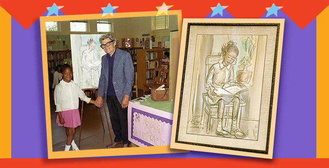 Leo Politi and his muse, Alicia, in front of his drawing of her, 1972