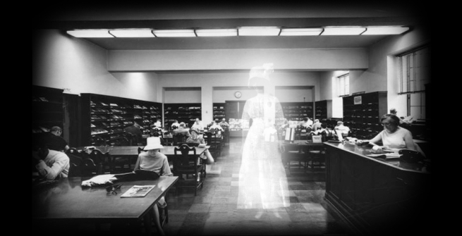 ghost lady walking through the library