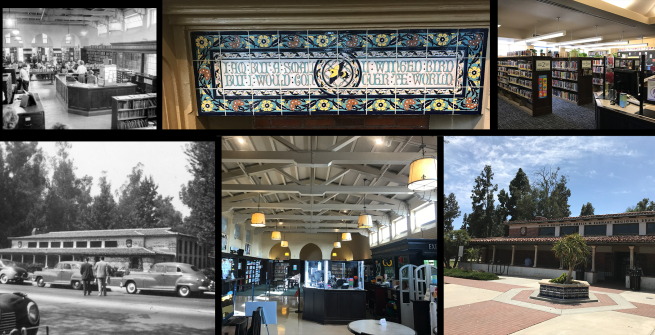 Photos of the North Hollywood library (top left) Circulation desk [1954] Valley Times Collection. (bottom left) Library exterior [1946] 