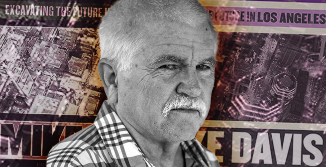 Portrait of Mike Davis against an enlarged, posterized image of his book, City of Quartz