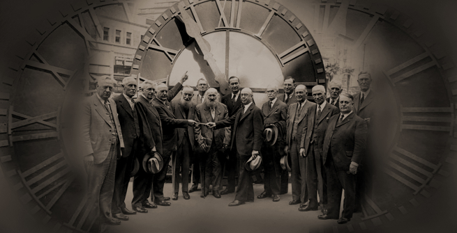 	 Officials presenting the old courthouse clock to the Los Angeles County Museum on March 2, 1936. 