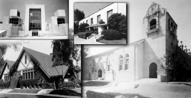 Clockwise from top left, Frances Howard Goldwyn Hollywood Regional Branch Library at 1623 Ivar Avenue (1986-present): Hollywood Branch Library at 1623 Ivar Avenue (1940-1982); Hollywood Branch Library at 6357 Hollywood Boulevard (1923-1939); Hollywood Branch Library at 6357 Hollywood Boulevard (1907-1922). Los Angeles Public Library Institutional Collection
