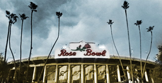 View of the Rose Bowl entrance flanked by tall palms on either sides