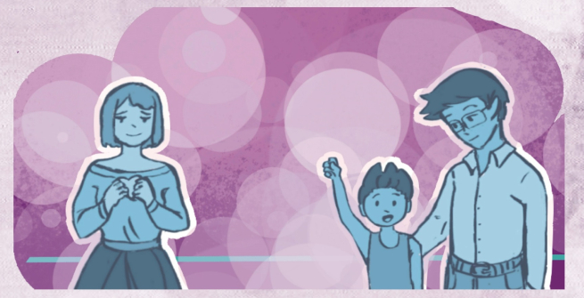 comic of a mom standing away from her husband and child. in pinks and blues