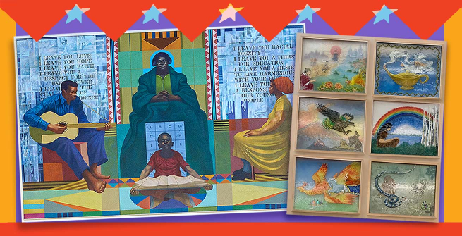 Canvas triptych mural features Dr. Bethune by Charles White. A folktale-themed hand-carved, glazed ceramic tiles by Cha-Rie Tang