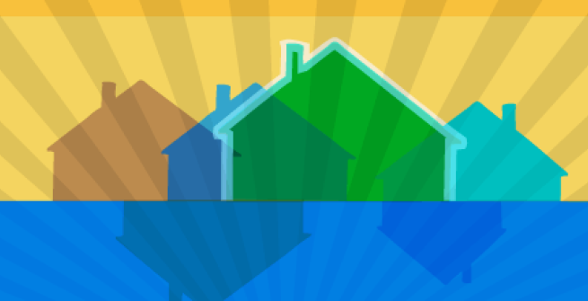 blue, green and yellow houses illustration