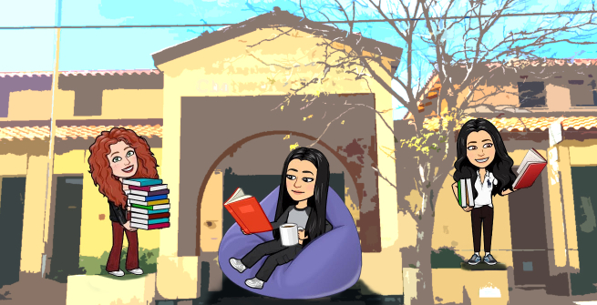 comic of 3 teens in front of the library