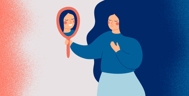 comic image of teen looking into a mirror and smiling