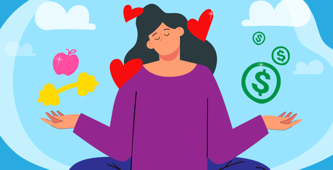 Illustration of person contemplating on love, health and money