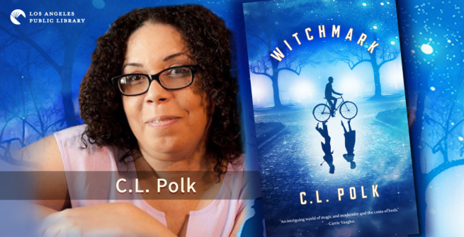 Photo of author C.L. Polk  and her book Witchmark