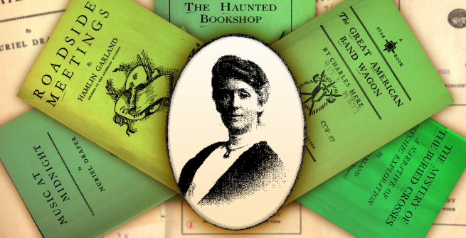 Gertrude E. Darlow (1864-1949) surrounded by some of the books she reviewed