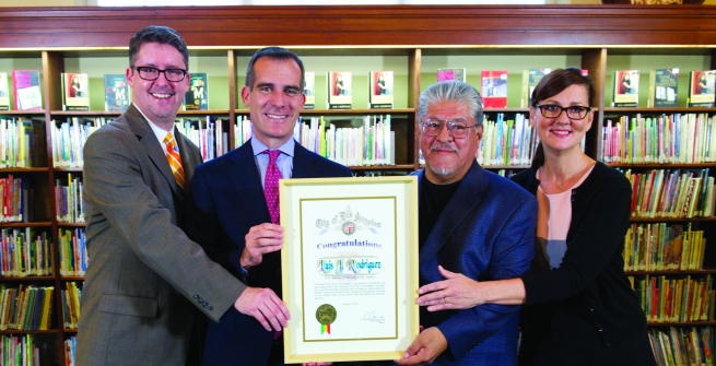 City Librarian John Szabo, Mayor Eric Garcetti, Poet Laureate Luis J. Rodriguez, and Cultural Affairs Director Danielle Brazell  