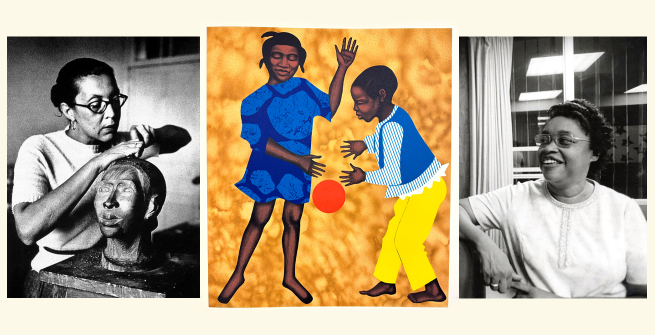 Elizabeth Catlett, artwork with a boy and a girl and a red ball, and photo of Margaret