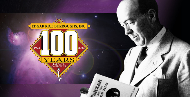 Edgar Rice Burroughs Incorporated logo celebrating 100 years. Author Edgar Rice Burroughs reading his book Tarzan and The Lion Man